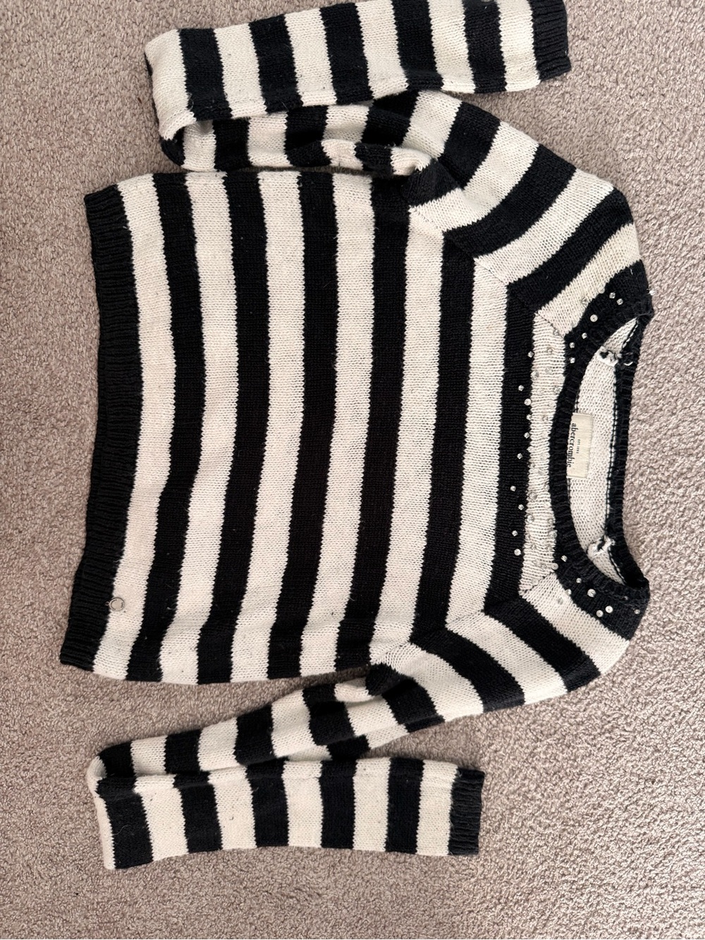 abercrombie kids Black and White Striped Crewneck Sweater with Embellished Neck